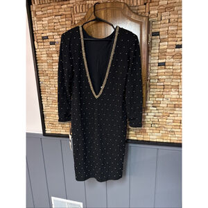 Vintage 80’s NWT ET AL Black Gold Beaded Embellished V-Back Wool Mid Dress 12